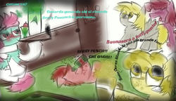 Size: 663x383 | Tagged: safe, artist:kingflurry, berry punch, berryshine, derpy hooves, ruby pinch, oc, pegasus, pony, g4, alcohol, blushing, bottle, drink, drinking, drunk, female, mare, smoking, spanish