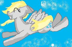 Size: 741x485 | Tagged: safe, artist:sippysippyomg, derpy hooves, pegasus, pony, g4, female, flying, happy, mare, sky, solo