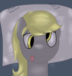 Size: 869x920 | Tagged: safe, artist:mrbarrz, derpy hooves, pegasus, pony, g4, bust, female, mare, pillow, solo, tongue out