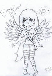 Size: 739x1081 | Tagged: safe, artist:kandi-katie, derpy hooves, human, g4, bag, humanized, mailbag, speech bubble, tailed humanization, tongue out, traditional art, winged humanization, wip