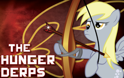 Size: 3070x1953 | Tagged: safe, artist:teslalollipop, derpy hooves, pegasus, pony, g4, arrow, bow (weapon), bow and arrow, female, mare, parody, solo, the hunger games, weapon