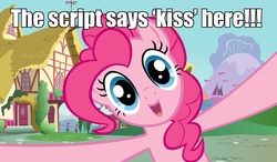 Size: 1246x729 | Tagged: source needed, safe, pinkie pie, g4, bronybait, caption, fourth wall, image macro, kissing, meme, script