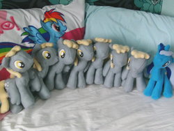 Size: 1024x768 | Tagged: safe, artist:hanakoneko, derpy hooves, minuette, rainbow dash, pegasus, pony, g4, army, bed, female, irl, mare, multeity, photo, pillow, plushie, unstoppable force of derp