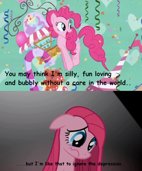Size: 1073x1293 | Tagged: safe, edit, edited screencap, screencap, pinkie pie, earth pony, pony, g4, party of one, the ticket master, comic, comic sans, depression, female, mare, pinkamena diane pie, pinkie's gala fantasy song, sad, smiling, solo, stepford smiler, streamers, text