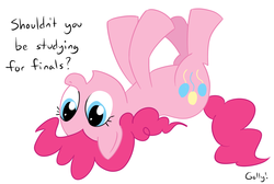 Size: 1201x808 | Tagged: safe, artist:rapidstrike, pinkie pie, earth pony, pony, g4, dialogue, female, legs in air, on back, open mouth, reality ensues, simple background, solo, study, text, upside down, white background