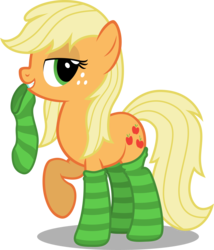 Size: 4007x4676 | Tagged: safe, artist:austiniousi, applejack, earth pony, pony, g4, absurd resolution, bedroom eyes, clothes, female, loose hair, mouth hold, raised hoof, socks, solo, striped socks