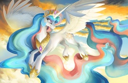 Size: 1280x828 | Tagged: dead source, safe, artist:blazegryph, princess celestia, alicorn, pony, g4, colored pupils, crown, cute, cutelestia, female, flying, hoof shoes, jewelry, long mane, mare, regalia, solo, spread wings, wings