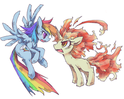 Size: 1142x912 | Tagged: safe, artist:kolshica, rainbow dash, twilight sparkle, rapidash, g4, crossover, pokémon