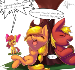 Size: 2760x2608 | Tagged: safe, artist:jggjqm522, apple bloom, applejack, big macintosh, earth pony, pony, g4, engrish, labor day, male, stallion