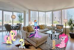 Size: 1440x960 | Tagged: safe, artist:dontae98, derpy hooves, fluttershy, pinkie pie, rainbow dash, twilight sparkle, pegasus, pony, g4, apartment, building, carpet, chair, couch, female, house, jenga, living room, mare, photo, ponies in real life, reflection, skyscraper, table, vector