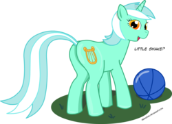 Size: 1024x743 | Tagged: safe, artist:negasun, lyra heartstrings, pony, unicorn, g4, ball, butt, dialogue, female, grass, looking at you, looking back, looking back at you, mare, plot, rear view, simple background, solo, transparent background