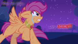 Size: 1920x1080 | Tagged: safe, artist:jdrizzle, scootaloo, pegasus, pony, g4, blank flank, crying, element of loyalty, female, floppy ears, mare, raised hoof, solo, spread wings, wings