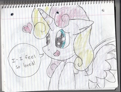 Size: 500x377 | Tagged: safe, oc, oc only, oc:princess twila, alicorn, pony, ask princess twila, alicorn oc, ask, heart, lined paper, offspring, parent:prince blueblood, parent:twilight sparkle, parents:twiblood, solo, speech bubble, traditional art, tumblr