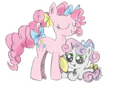 Size: 900x675 | Tagged: safe, artist:sweeterwho, pinkie pie, sweetie belle, g4, bierzcie i rysujcie, bow, tail bow