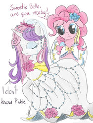 Size: 774x1032 | Tagged: safe, artist:sweeterwho, pinkie pie, sweetie belle, g4, clothes, dress, older, sad, wedding dress