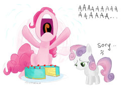 Size: 900x675 | Tagged: safe, artist:sweeterwho, pinkie pie, sweetie belle, g4, angry, cake