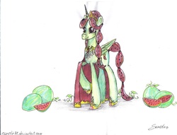 Size: 900x688 | Tagged: safe, artist:sweeterwho, oc, oc only, alicorn, pony, alicorn oc, traditional art, watermelon