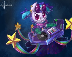 Size: 2760x2175 | Tagged: safe, artist:jggjqm522, dj pon-3, vinyl scratch, g4, jewelry, keyboard, league of legends, musical instrument, necklace, parody, pearl necklace, piano, sona, stars, turntable
