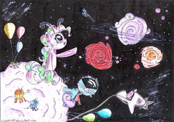 Size: 900x634 | Tagged: safe, artist:sweeterwho, pinkie pie, g4, balloon, bierzcie i rysujcie, planet, rocket, space, traditional art