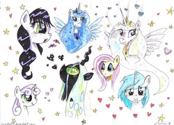 Size: 900x648 | Tagged: safe, artist:sweeterwho, fluttershy, princess celestia, princess luna, queen chrysalis, sweetie belle, oc, oc:sweetie, g4, heart, mouth hold, stars, traditional art
