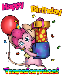 Size: 797x944 | Tagged: safe, artist:milchik, pinkie pie, mouse, g4, balloon, birthday, confetti, happy birthday, mousified, party horn, pinkie mouse, present, simple background, species swap, transformice, transparent background