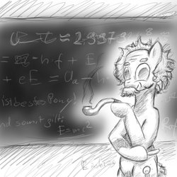 Size: 900x900 | Tagged: safe, artist:scayged, earth pony, pony, albert einstein, chalkboard, moustache, pipe, ponified, solo