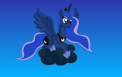 Size: 3125x1960 | Tagged: safe, artist:maverickmam, princess luna, alicorn, pony, g4, cloud, ethereal mane, female, hoof shoes, mare, night, on a cloud, peytral, smiling, solo, starry mane, stars