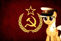 Size: 900x600 | Tagged: safe, applejack, g4, communism, flag, hammer and sickle, hat, soviet, soviet union