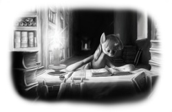 Size: 2464x1606 | Tagged: safe, artist:scayged, twilight sparkle, g4, book, candle, library, monochrome