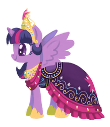 Size: 394x451 | Tagged: safe, artist:needsmoarg4, twilight sparkle, alicorn, pony, g4, big crown thingy, clothes, clothing redesign, dress, female, mare, redesign, simple background, solo, spread wings, tiara, twilight sparkle (alicorn), white background, wings