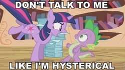Size: 853x480 | Tagged: safe, edit, edited screencap, screencap, spike, twilight sparkle, g4, the crystal empire, cropped, duo, golden oaks library, image macro, the amazing world of gumball
