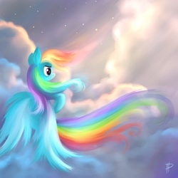 Size: 750x750 | Tagged: safe, artist:rom-art, rainbow dash, g4, cloud, cloudy, female, long tail, solo, stars, windswept mane