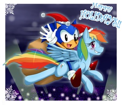 Size: 1981x1700 | Tagged: safe, artist:ss2sonic, rainbow dash, g4, christmas, classic sonic, crossover, flying, grin, hat, looking at you, male, open mouth, riding, santa hat, smiling, sonic the hedgehog, sonic the hedgehog (series), spread wings, waving