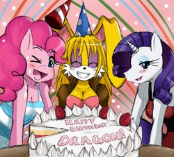 Size: 2188x1975 | Tagged: safe, artist:ss2sonic, pinkie pie, rarity, anthro, g4, birthday, birthday cake, breasts, bunnie rabbot, cake, cleavage, crossover, female, happy birthday, hat, party hat, sonic the hedgehog (series)