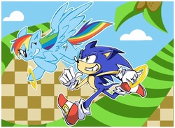 Size: 547x400 | Tagged: safe, artist:bwingbwing, rainbow dash, g4, crossover, flying, green hill zone, grin, male, ring, smiling, sonic the hedgehog, sonic the hedgehog (series), wink