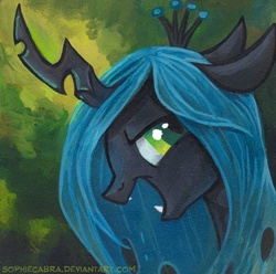 Size: 459x455 | Tagged: safe, artist:kenket, artist:spainfischer, queen chrysalis, changeling, changeling queen, pony, g4, bust, crown, female, jewelry, portrait, profile, regalia, smiling, solo, traditional art