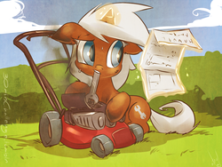Size: 1000x750 | Tagged: safe, artist:atryl, silver spanner, pony, unicorn, g4, lawn mower, magic, paper, repairing, solo, telekinesis, wrench