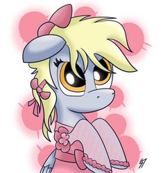 Size: 867x921 | Tagged: safe, artist:pancake-ss, derpy hooves, pegasus, pony, g4, bow, clothes, dress, female, mare, solo