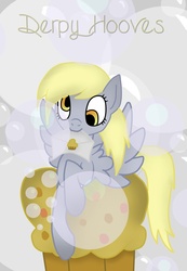 Size: 744x1073 | Tagged: dead source, safe, artist:marshmallowwithchoco, derpy hooves, pegasus, pony, g4, bubble, female, letter, mail, mare, mouth hold, muffin, solo