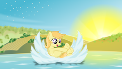 Size: 1920x1080 | Tagged: safe, artist:lumorn, noi, earth pony, pony, g4, female, filly, foal, happy, jumping, splash, sun, water