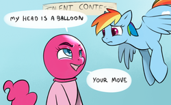Size: 800x492 | Tagged: dead source, safe, artist:cobaltsnow, pinkie pie, rainbow dash, earth pony, pegasus, pony, g4, balloon, balloonhead, dialogue, your argument is invalid