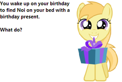 Size: 369x250 | Tagged: safe, noi, g4, birthday, bronybait, filly, present, question, text