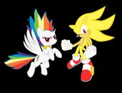 Size: 5700x4364 | Tagged: safe, artist:geonine, rainbow dash, g4, absurd resolution, black background, crossover, element of loyalty, male, simple background, sonic the hedgehog, sonic the hedgehog (series), super rainbow dash, super sonic, vector