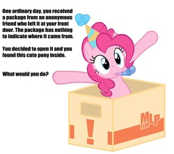 Size: 1181x1049 | Tagged: safe, pinkie pie, g4, box, bronybait, cute, hat, meme, party, party hat, party horn, question, text