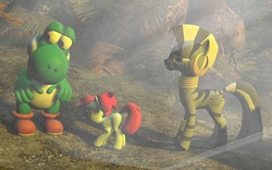 Size: 1680x1050 | Tagged: safe, apple bloom, zecora, yoshi, zebra, g4, crossover, forest, gmod, nintendo, super mario bros.