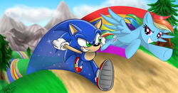 Size: 4400x2300 | Tagged: safe, artist:organizedchaos115, artist:skiepki, rainbow dash, g4, commission, crossover, high res, male, sonic the hedgehog, sonic the hedgehog (series)