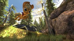 Size: 1024x576 | Tagged: safe, artist:argodaemon, applejack, g4, 3d, female, forest, jumping, solo, source filmmaker