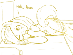 Size: 700x525 | Tagged: safe, artist:jalm, fluttershy, oc, oc:anon, pegasus, pony, g4, bed, female, mare, monochrome, offscreen character, on side, one eye closed, solo