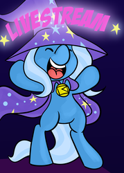 Size: 1750x2450 | Tagged: safe, artist:fauxsquared, trixie, g4, :d, bipedal, blue background, cape, clothes, dark background, eyes closed, full body, happy, hat, open mouth, open smile, simple background, smiling, solo, trixie's cape, trixie's hat