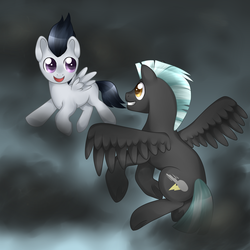 Size: 1024x1024 | Tagged: safe, artist:kitsunewolf95, rumble, thunderlane, pegasus, pony, g4, brothers, cloud, cloudy, colt, flying, foal, male, stallion
